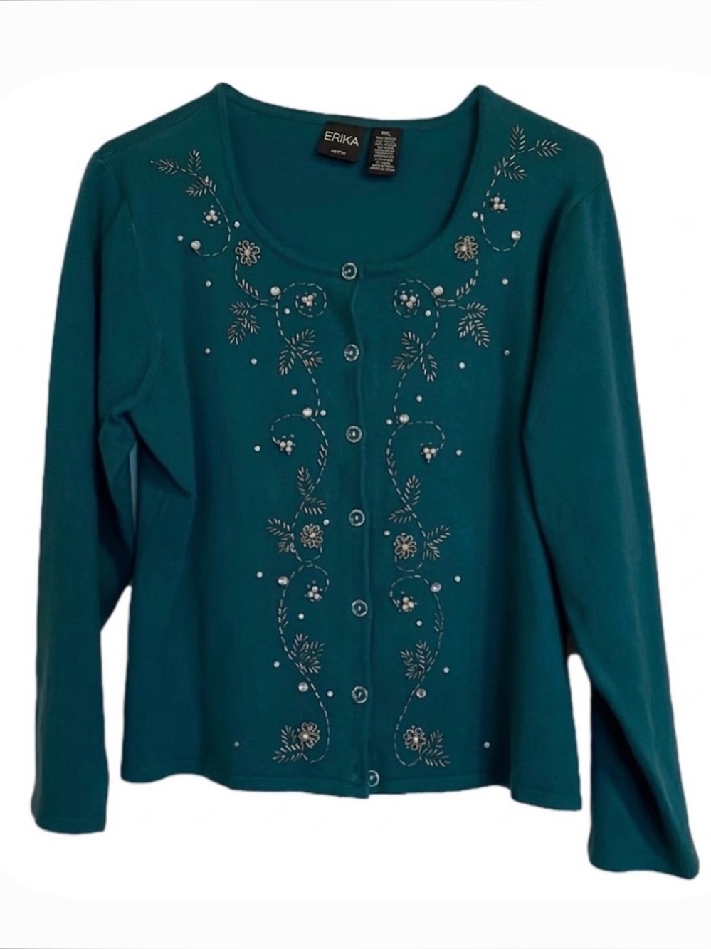 ERIKA Floral Embellished Button Up Sweater, Women’s XLP, Teal Green